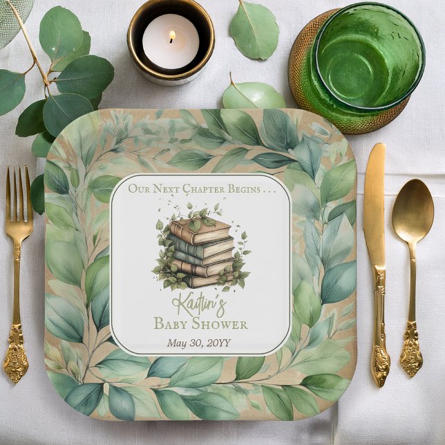 Books Our Next Chapter Begins Baby Shower Paper Plate (Rustic Vintage Look Elegance "Our Next Chapter Begins . . ." Books | Leaves Baby Shower Paper Plates)