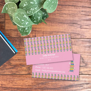 Books Pattern Sub Teacher Pink Business Card