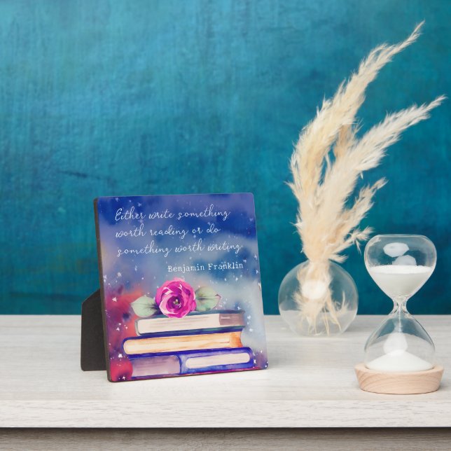 Books & Pink Flower Watercolor Script Custom Quote Plaque (Insitu)