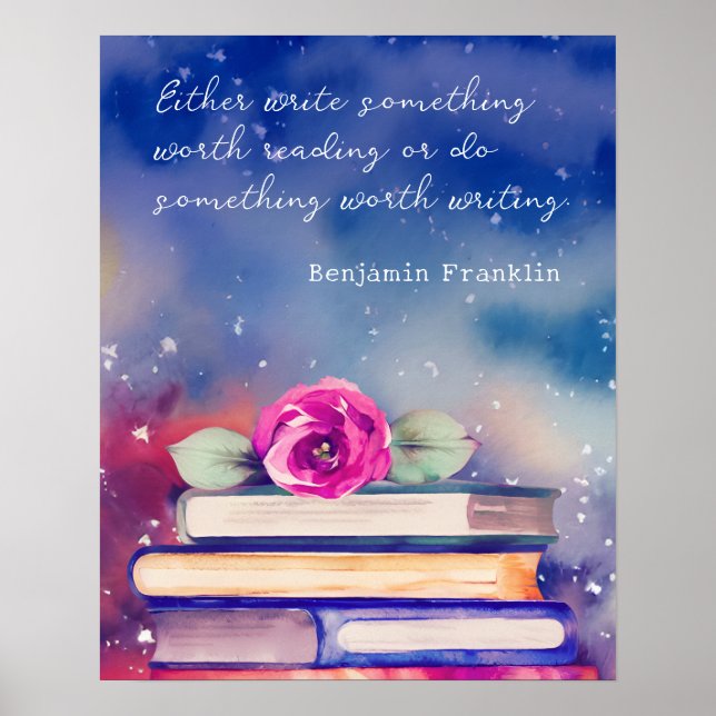 Books & Pink Flower Watercolor Script Custom Quote Poster (Front)