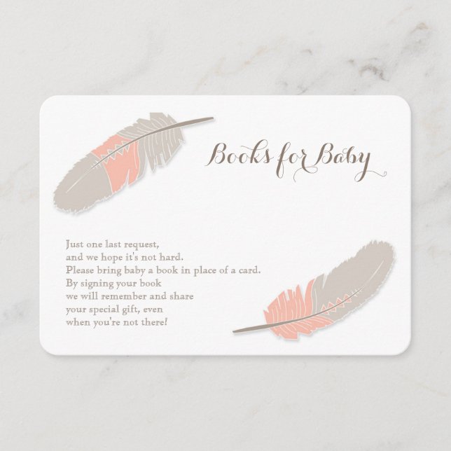 Books Request Boho Feather Pink and Grey Enclosure Card (Front)