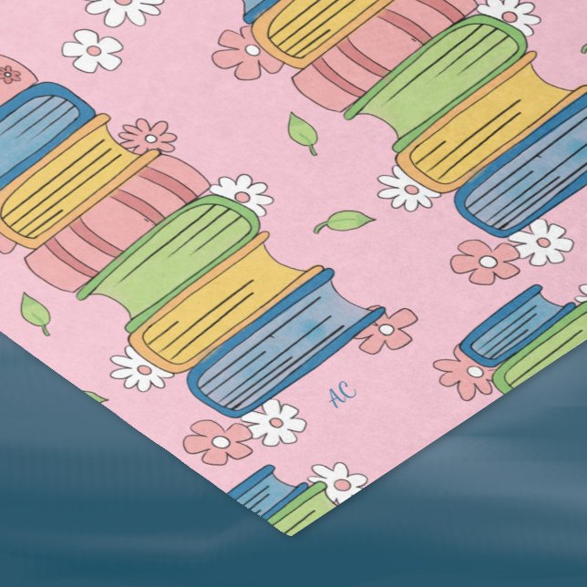 Books Stacks and Flowers Pink Tissue Paper (Pretty pink tissue paper with a pattern of watercolor book stacks and little flowers . )