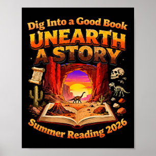 Books Summer Reading 2026 Unearth A Story Dinosaur Poster
