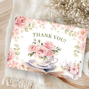 Books & Tea Baby Shower Pink Folded Thank You Card