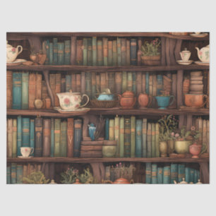 Books, Teapots and Plants on Shelves Tissue Paper