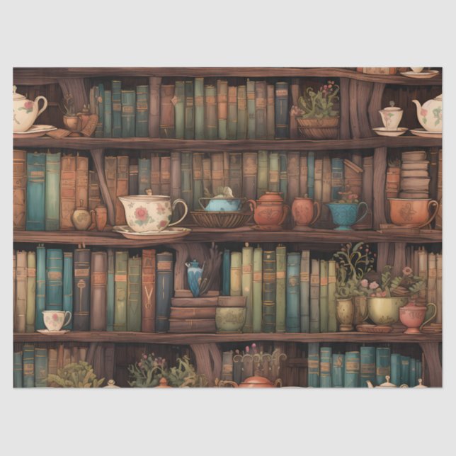 Books, Teapots and Plants on Shelves Tissue Paper (Front)