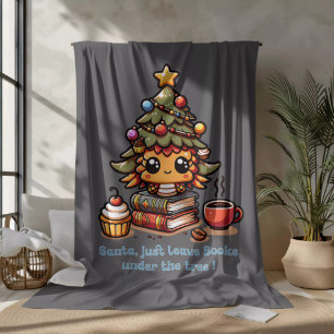 Books under kawaii Christmas tree - Funny Santa Fleece Blanket