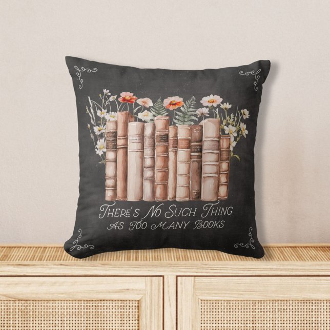 Books with Flowers and Quote on Black Chalkboard Cushion (in situ)
