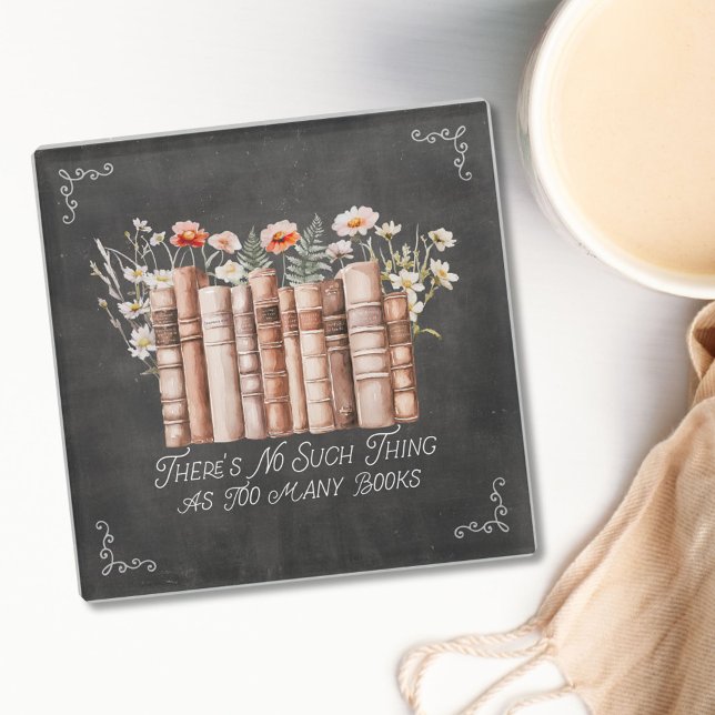 Books with Flowers and Quote on Black Chalkboard Glass Coaster (in situ)