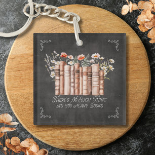 Books with Flowers and Quote on Black Chalkboard Key Ring
