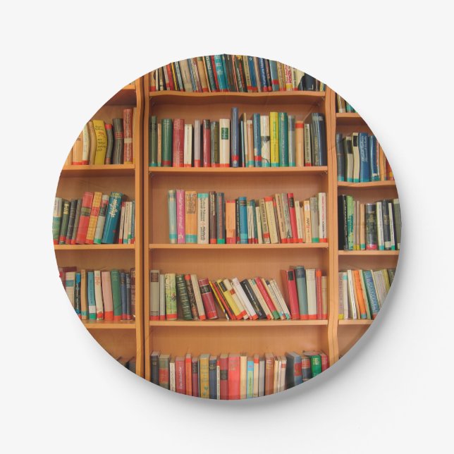 Bookshelf Books Library Bookworm Reading Paper Plate (Front)