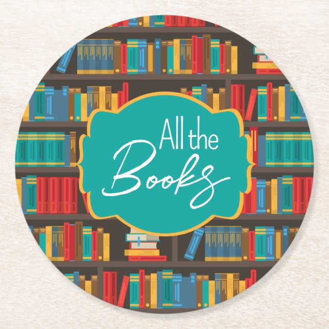 Bookshelf Reading Love Round Paper Coaster (Front)