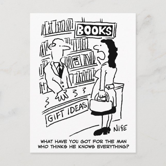 Bookshop Customer asks Shopkeeper a Question Postcard (Front)