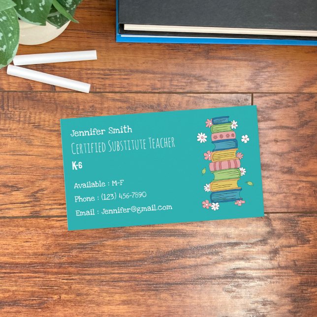 Bookstack Flowers Sub Teacher Teal Business Card (Substitute teacher standard business card with watercolor books and little flowers . )