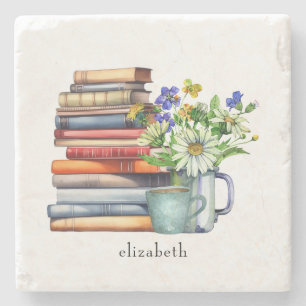 Bookstack Watercolor Floral Reader's Custom Stone Coaster