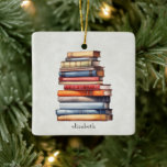 Bookstack Watercolor Vintage Reader's Writer's Ceramic Ornament<br><div class="desc">For the book lovers. Watercolor bookstack ornament which can be personalized with a name or book club name. The same design features on the back with the same text. Ideal gift for the book lover this Christmas from readers to book club members,  librarians or teachers. Personalize with a name.</div>