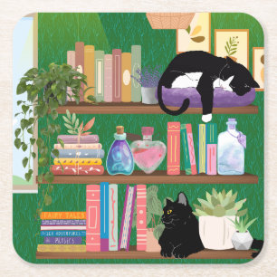 Bookstore cats square paper coaster