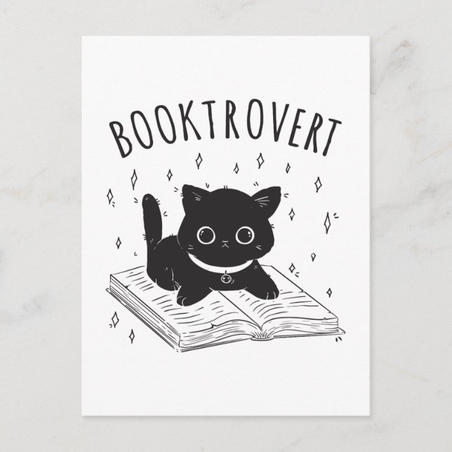 Booktrovert cat with book and stars postcard (Front)