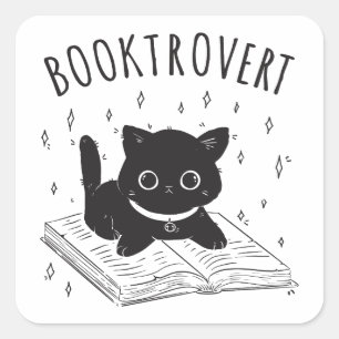 Booktrovert cat with book and stars square sticker