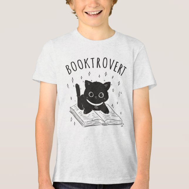 Booktrovert cat with book and stars Tri-Blend shirt (Front)