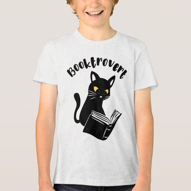 Booktrovert cat with book Tri-Blend shirt (Front)