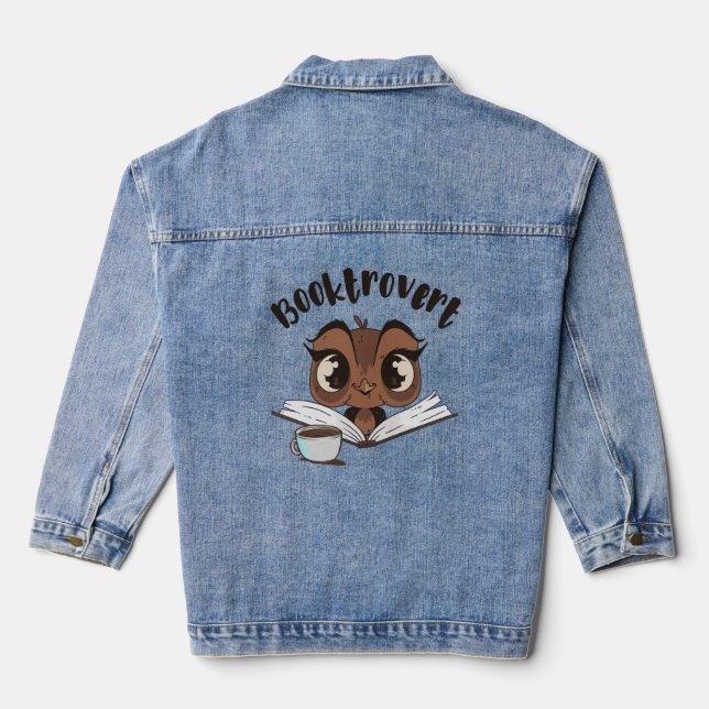 Booktrovert owl with book and coffee denim jacket (Back)