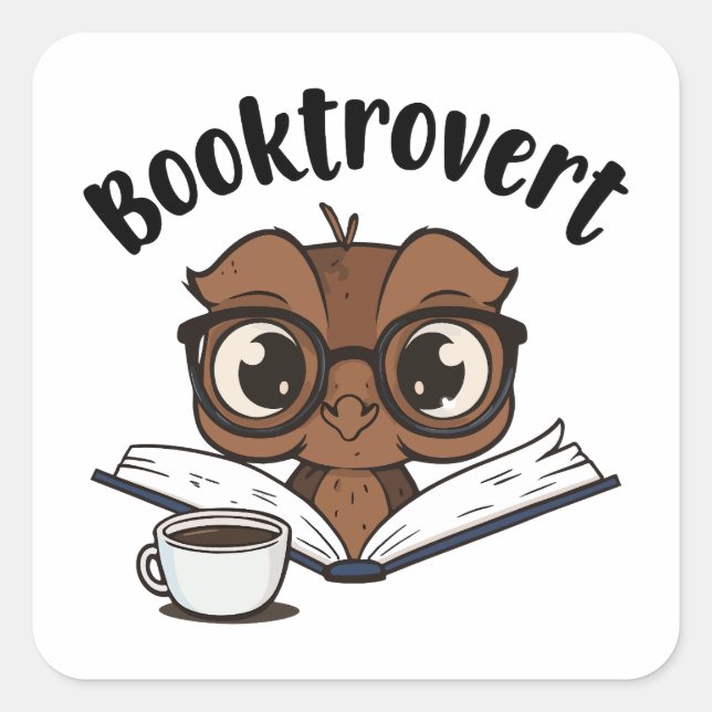 Booktrovert owl with book and coffee square sticker (Front)