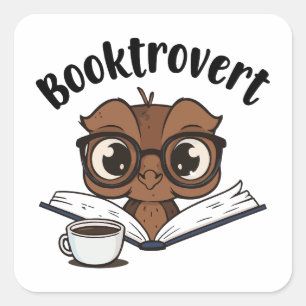 Booktrovert owl with book and coffee square sticker