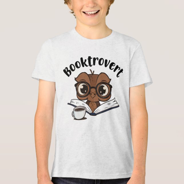 Booktrovert owl with book and coffee Tri-Blend shirt (Front)