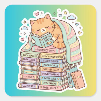 Bookworm Cat Cosy Reading Cat Square Sticker