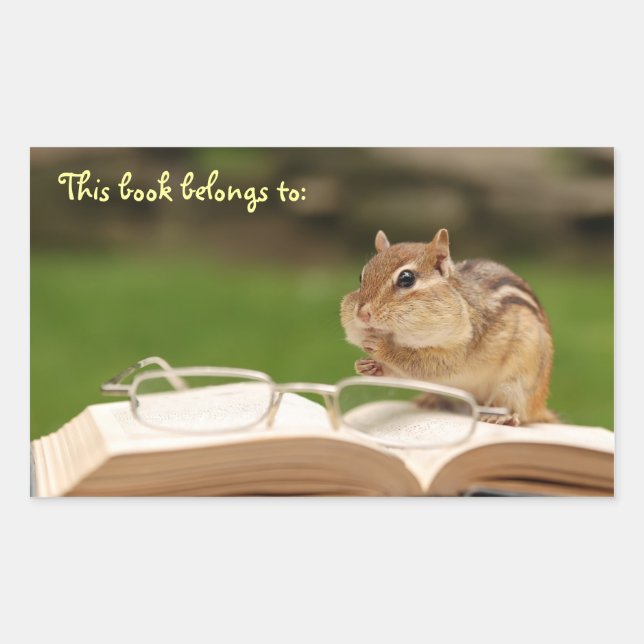 Bookworm Chipmunk Bookplate Rectangular Sticker (Front)