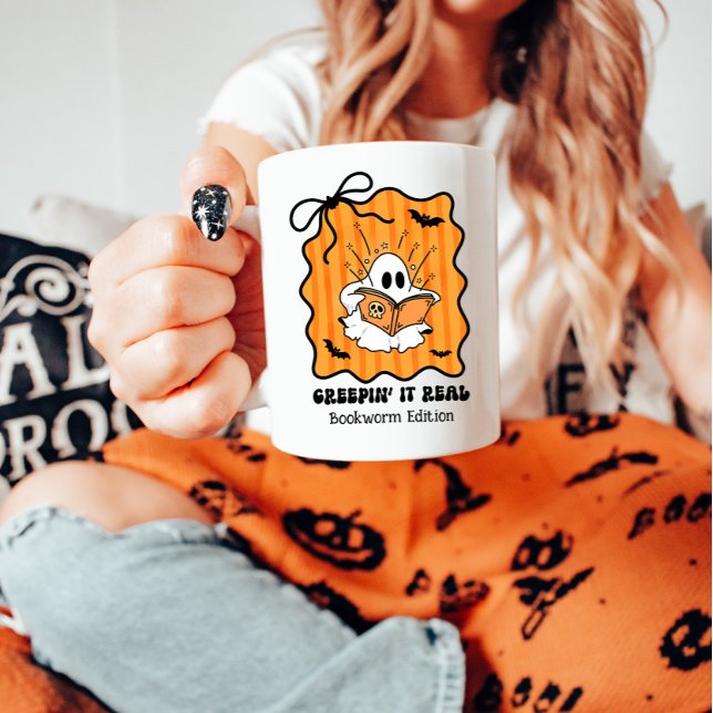 Bookworm Ghost Reading Retro Bow Creepin’ It Real Coffee Mug (Creator Uploaded)