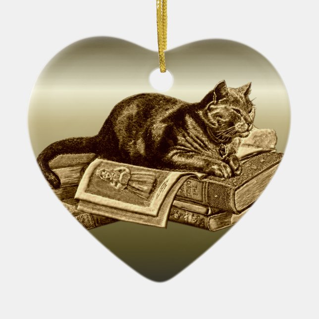 Bookworm Kitty Cat Reading Books Ceramic Tree Decoration (Front)