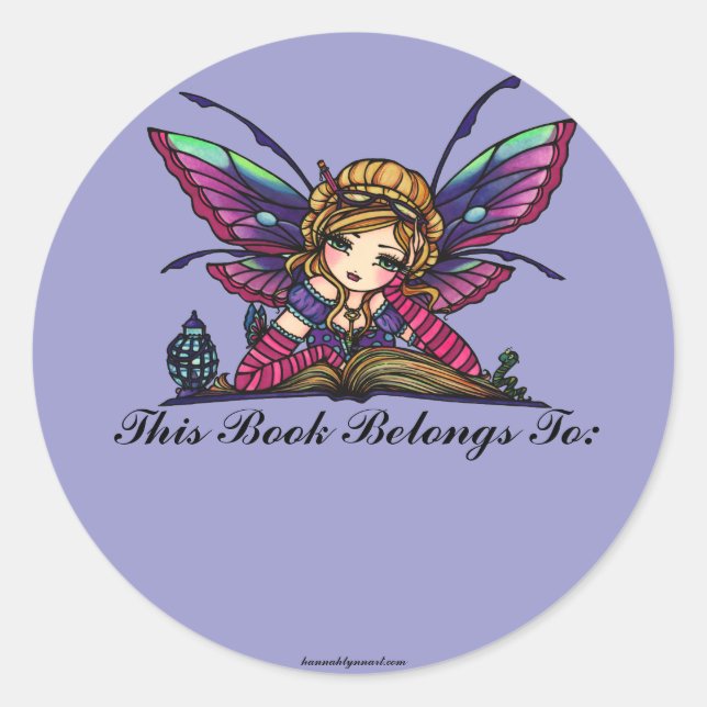 Bookworm Library Fairy Fantasy Art Bookplate Classic Round Sticker (Front)