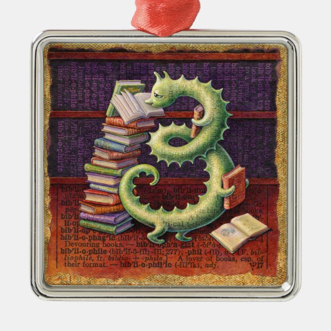 Bookworm Ornament: Bibliophile Metal Tree Decoration (Front)