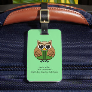 Bookworm Owl Reading Book Cartoon Personalize Luggage Tag