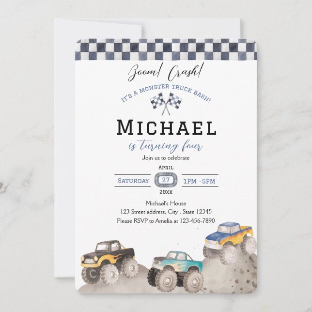 Boom Crash Monster Truck Bash Invite (Front)