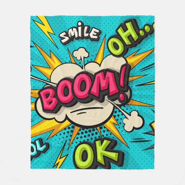 Boom pop art cloud bubble. Smile, wow, pow, cool,  Fleece Blanket (Front)