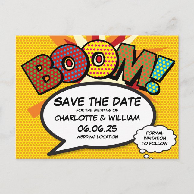 BOOM Save the Date Fun Modern Colourful Announcement Postcard (Front)