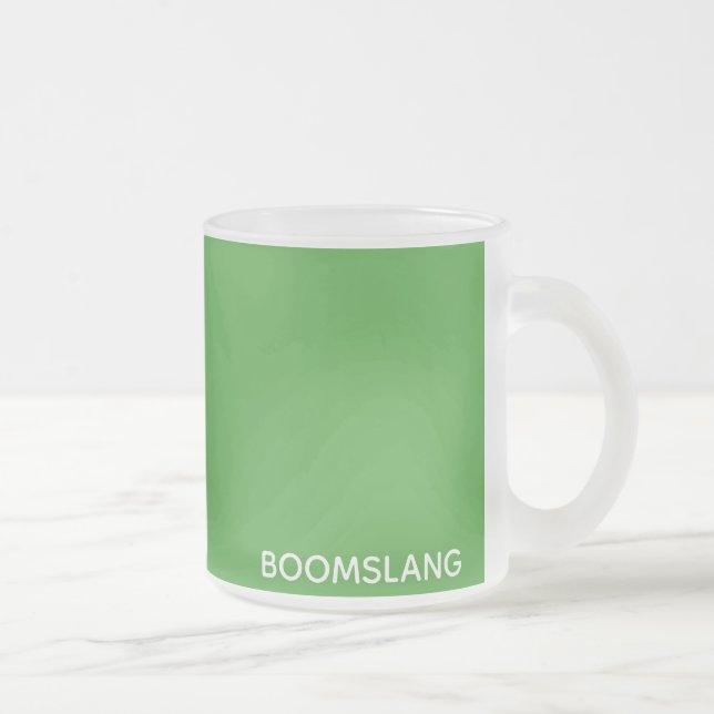 Boomslang green colour name frosted glass coffee mug (Right)