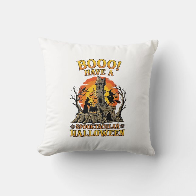 Booo Spooktacular Halloween Witch Cauldron Castle  Cushion (Front)