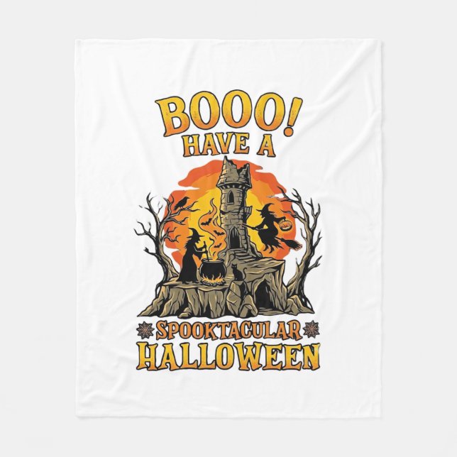 Booo Spooktacular Halloween Witch Cauldron Castle  Fleece Blanket (Front)