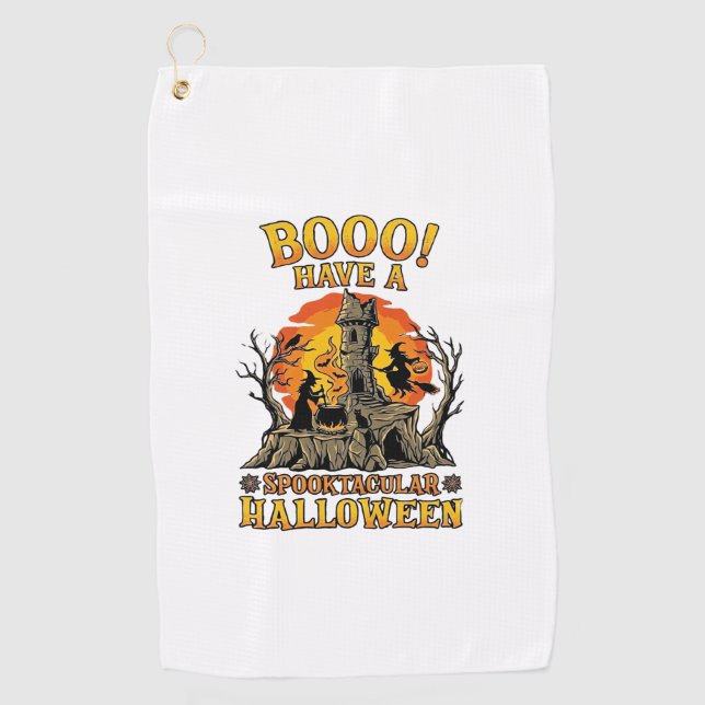 Booo Spooktacular Halloween Witch Cauldron Castle  Golf Towel (Front)