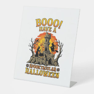 Booo Spooktacular Halloween Witch Cauldron Castle  Pedestal Sign