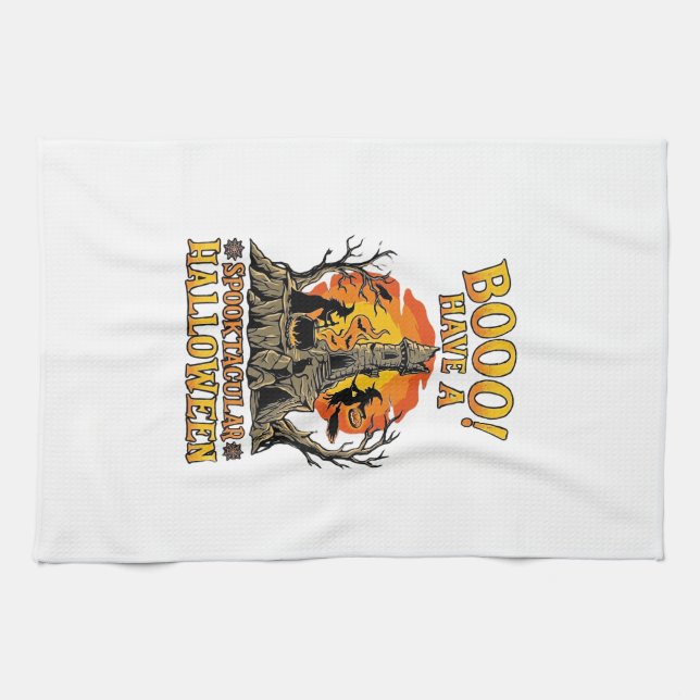 Booo Spooktacular Halloween Witch Cauldron Castle  Tea Towel (Horizontal)