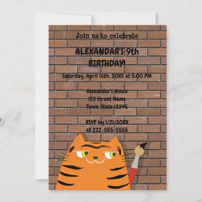 Booo The Cat , Cute Cartoon Tiger Kids Birthday Invitation (Front)