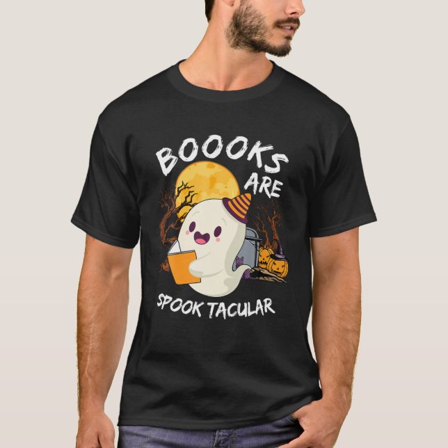 Boooks Ghost Funny Halloween Teacher Book Library T-Shirt (Front)