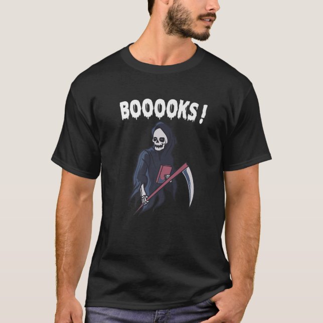 Boooks Grim Reaper Skeleton Bookworm Librarian Tea T-Shirt (Front)