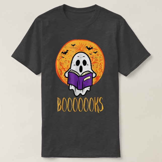 Boooks Moon Ghost Reading Halloween Bookworm Libra T-Shirt (Design Front)