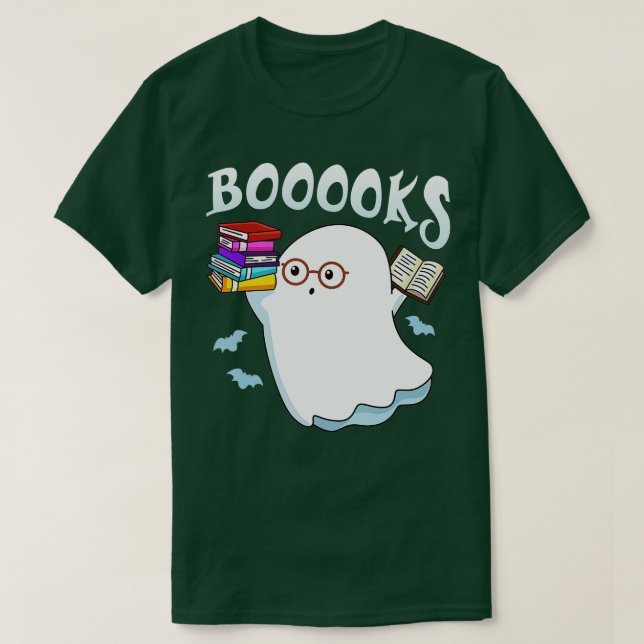 Booooks! Cute Ghost Reading Library Books Hallowee T-Shirt (Design Front)